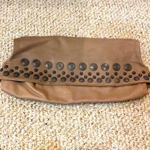 Super cool soft leather taupe clutch with metal detail